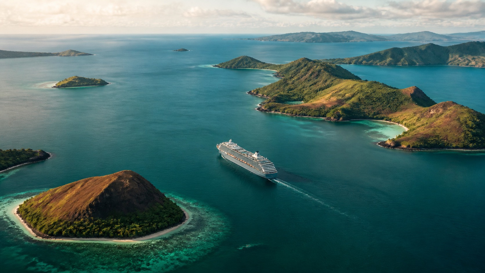 A contemporary cruise ship crossing reef-green water between a spacious chain of islands